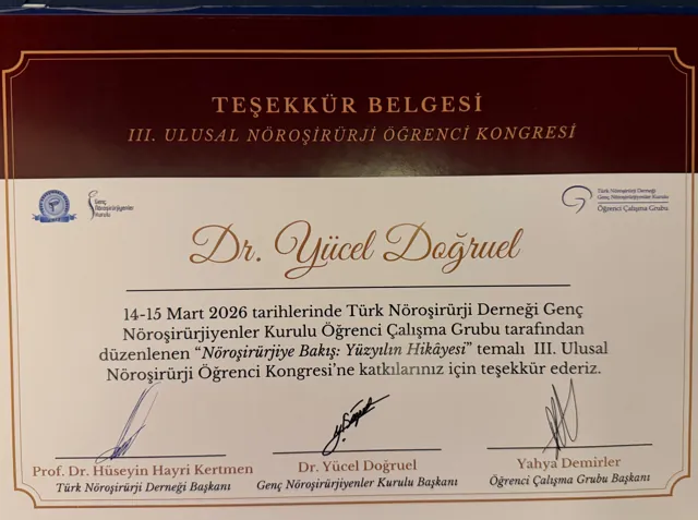 III. Ulusal Nöroşirürji Öğrenci Kongresi teşekkür belgesi, 2026