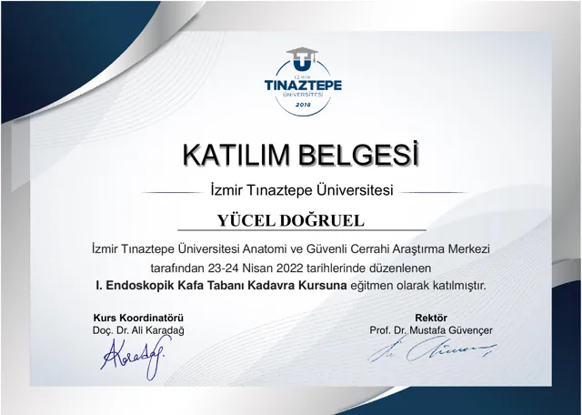 I. Endoskopik Kafa Tabanı Kadavra Kursu, eğitmen katılım belgesi, 2022