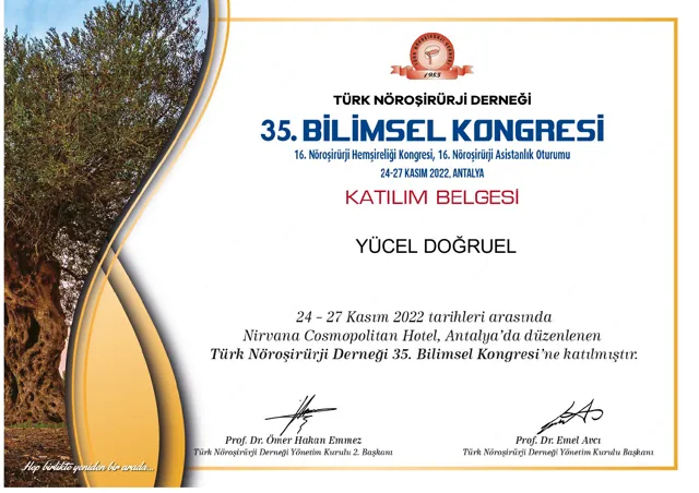 Türk Nöroşirürji Derneği 35. Bilimsel Kongresi katılım belgesi, Antalya, 2022