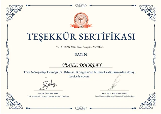 Türk Nöroşirürji Derneği 39. Bilimsel Kongresi, bilimsel katkı teşekkür belgesi, 2026